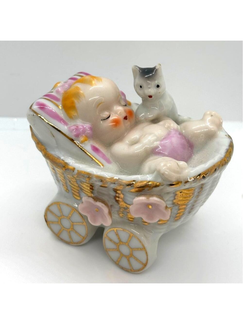 Vintage Baby in Buggy with Kitten, Flowers Porcelain Figurine, Decoration
